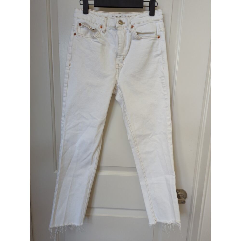 Topshop Straight Crop Jeans White Hi-Rise Frayed Hem Size 28
